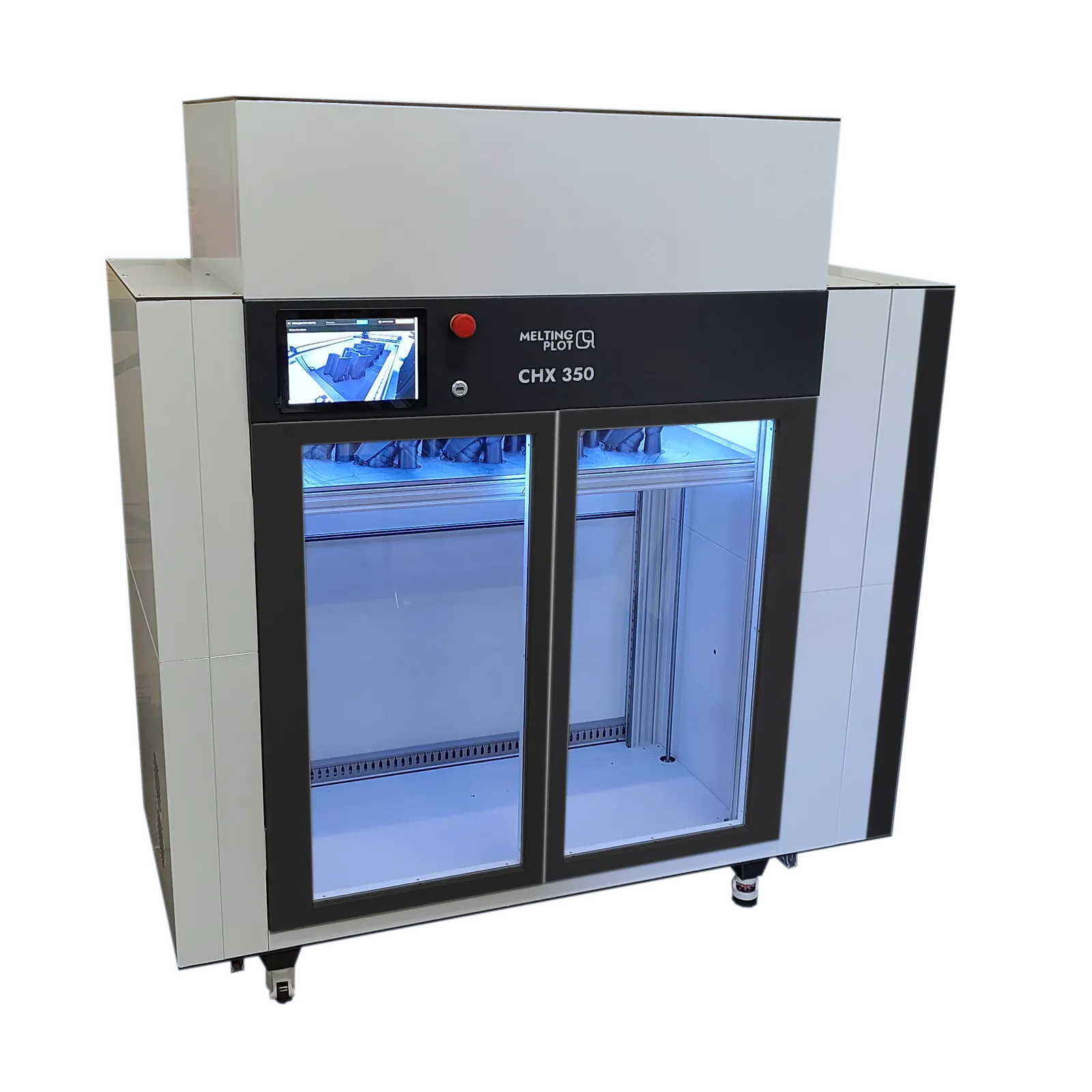 CHX 350 im Druckbetrieb — beleuchteter Bauraum mit laufendem Druckauftrag