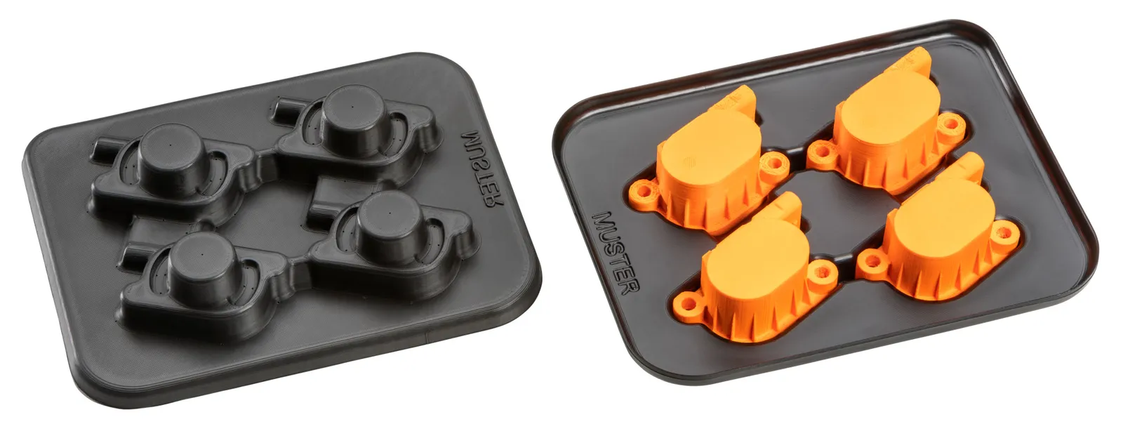 3D-gedrucktes Tiefziehwerkzeug: Positivform (links) und tiefgezogene Folie mit eingesetzten Bauteilmustern (rechts)